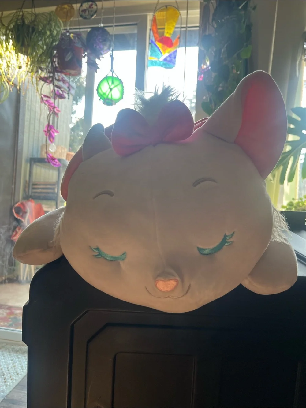 Disney Large Pink and White Sleeping Cat Plush with Bow